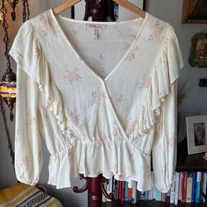 BCBG Generation Floral Blouse M Ruffle Sleeve Peplum Romantic Blouse